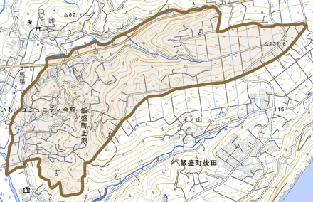 飯盛町上原とその周辺の地図。町の範囲を重ねている