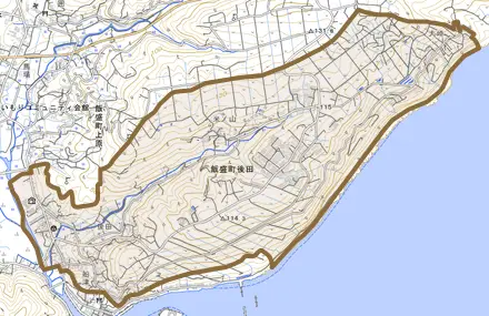 飯盛町後田とその周辺の地図。町の範囲を重ねている