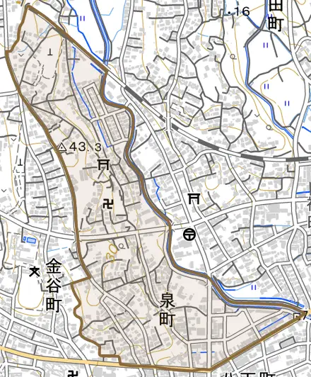 泉町とその周辺の地図。町の範囲を重ねている