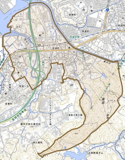 貝津町とその周辺の地図。町の範囲を重ねている