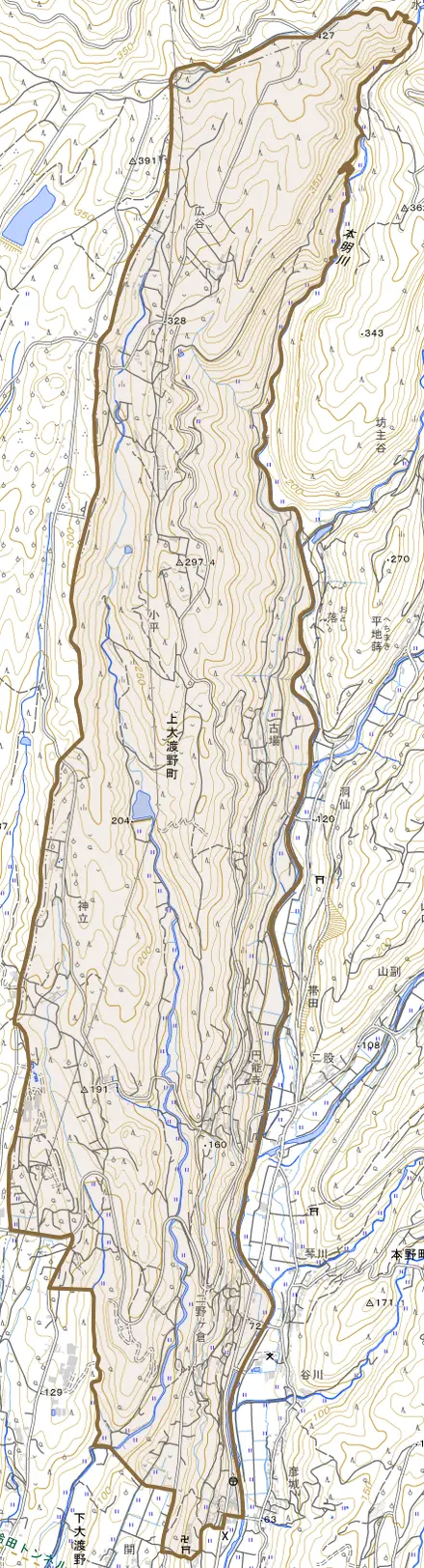 上大渡野町とその周辺の地図。町の範囲を重ねている
