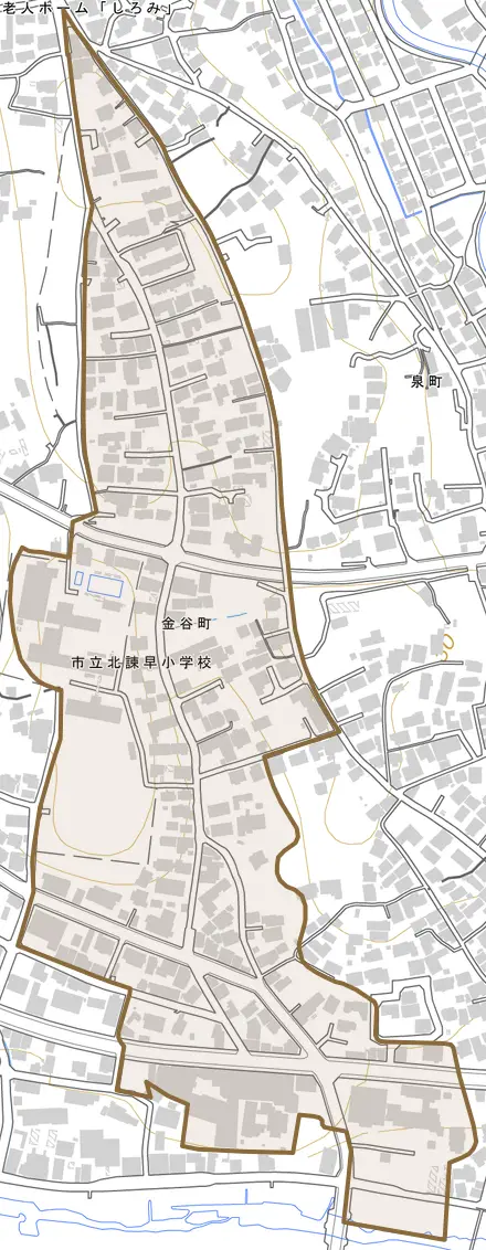 金谷町とその周辺の地図。町の範囲を重ねている