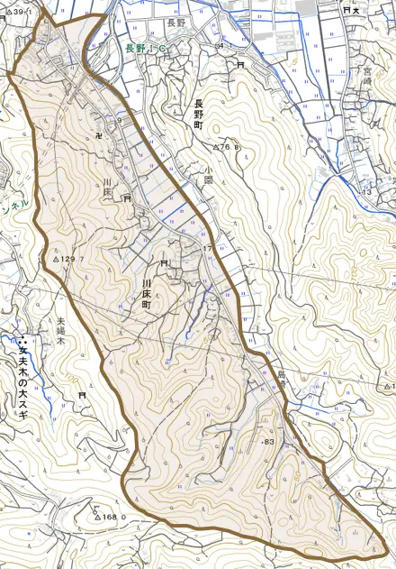 川床町とその周辺の地図。町の範囲を重ねている