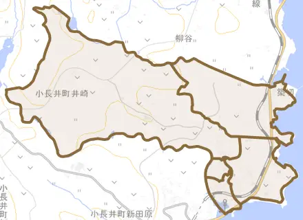 小長井町井崎とその周辺の地図。町の範囲を重ねている