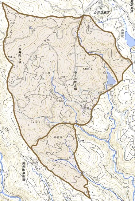 小長井町古場とその周辺の地図。町の範囲を重ねている