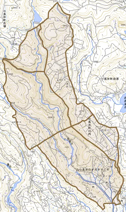 小長井町川内とその周辺の地図。町の範囲を重ねている