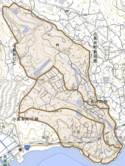 小長井町牧とその周辺の地図。町の範囲を重ねている