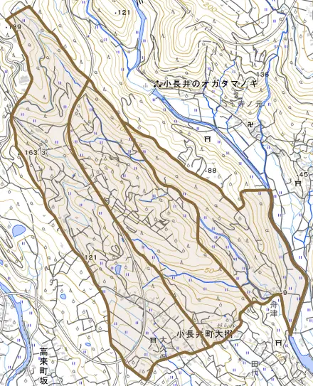 小長井町大搦とその周辺の地図。町の範囲を重ねている