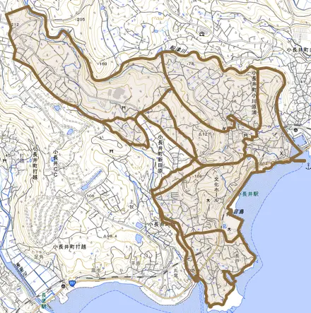 小長井町小川原浦とその周辺の地図。町の範囲を重ねている