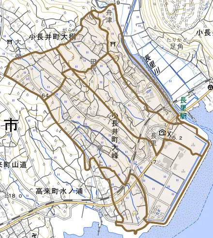小長井町大峰とその周辺の地図。町の範囲を重ねている