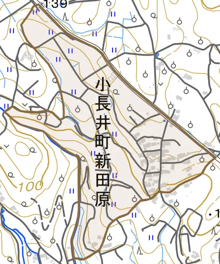 小長井町新田原とその周辺の地図。町の範囲を重ねている
