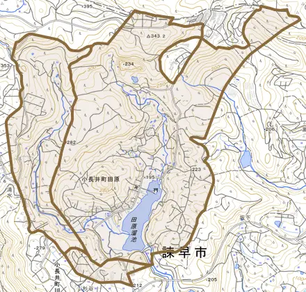 小長井町田原とその周辺の地図。町の範囲を重ねている