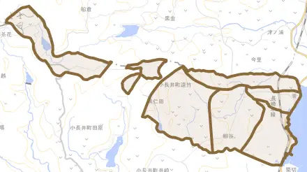 小長井町遠竹とその周辺の地図。町の範囲を重ねている
