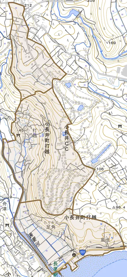 小長井町打越とその周辺の地図。町の範囲を重ねている