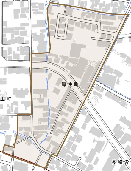 厚生町とその周辺の地図。町の範囲を重ねている