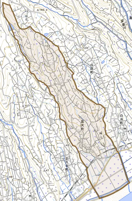 高天町とその周辺の地図。町の範囲を重ねている