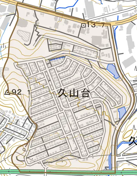 久山台とその周辺の地図。町の範囲を重ねている