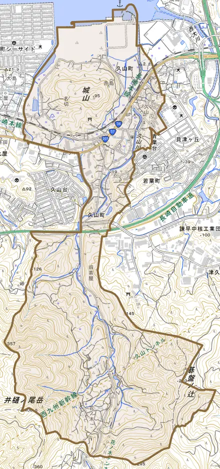久山町とその周辺の地図。町の範囲を重ねている