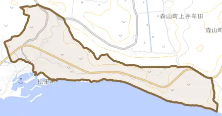 松里町とその周辺の地図。町の範囲を重ねている