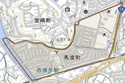 馬渡町とその周辺の地図。町の範囲を重ねている