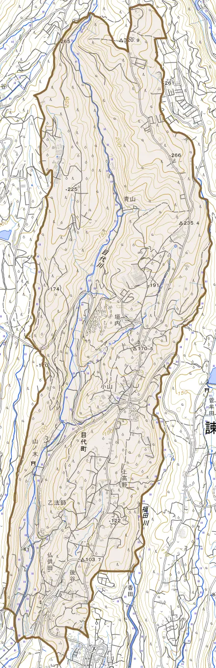 目代町とその周辺の地図。町の範囲を重ねている