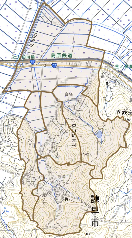 森山町本村とその周辺の地図。町の範囲を重ねている