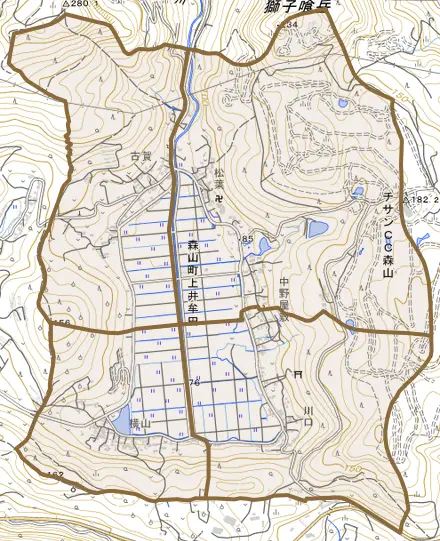 森山町上井牟田とその周辺の地図。町の範囲を重ねている
