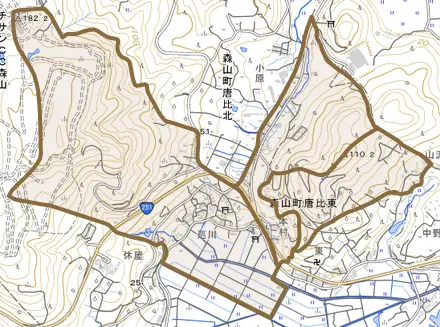 森山町唐比東とその周辺の地図。町の範囲を重ねている