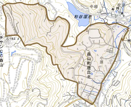 森山町唐比北とその周辺の地図。町の範囲を重ねている