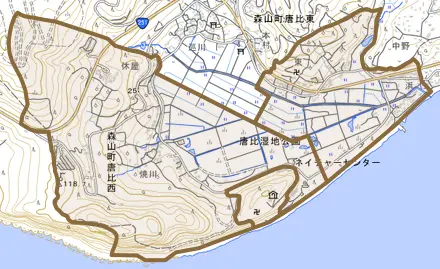 森山町唐比西とその周辺の地図。町の範囲を重ねている