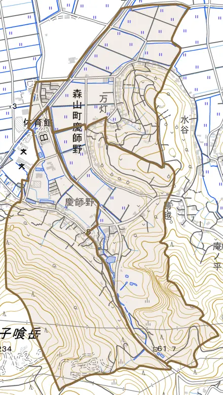 森山町慶師野とその周辺の地図。町の範囲を重ねている