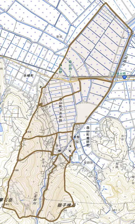 森山町下井牟田とその周辺の地図。町の範囲を重ねている