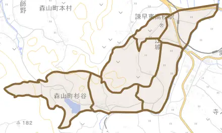 森山町杉谷とその周辺の地図。町の範囲を重ねている