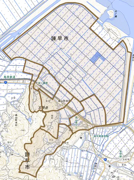 森山町田尻とその周辺の地図。町の範囲を重ねている