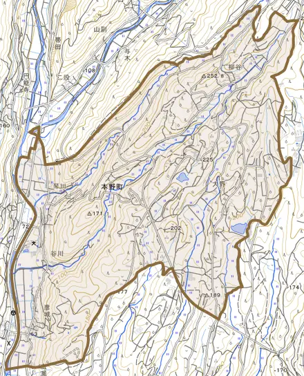 本野町とその周辺の地図。町の範囲を重ねている