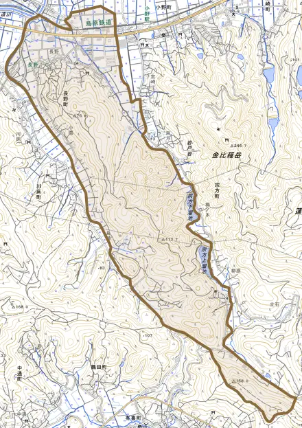 長野町とその周辺の地図。町の範囲を重ねている
