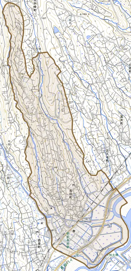 長田町とその周辺の地図。町の範囲を重ねている