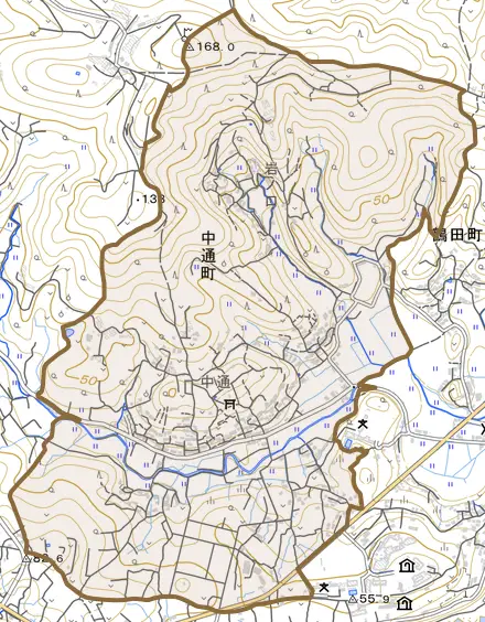 中通町とその周辺の地図。町の範囲を重ねている