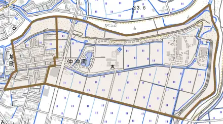 仲沖町とその周辺の地図。町の範囲を重ねている