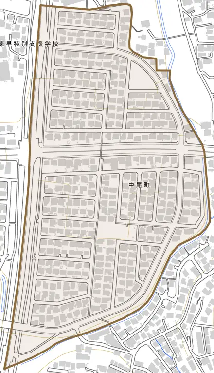 中尾町とその周辺の地図。町の範囲を重ねている