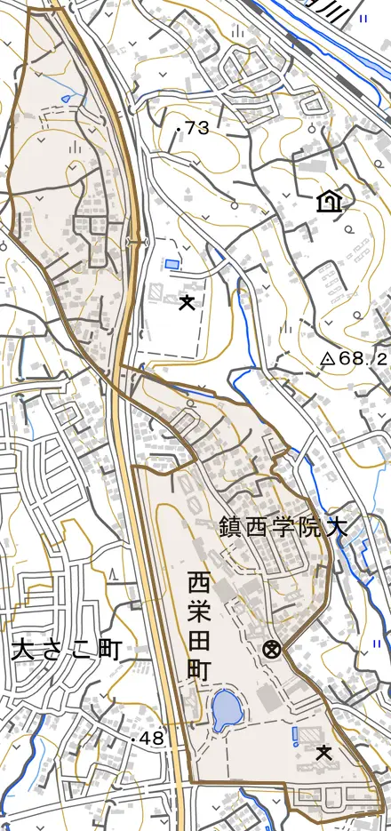 西栄田町とその周辺の地図。町の範囲を重ねている