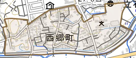 西郷町とその周辺の地図。町の範囲を重ねている