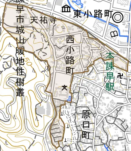 西小路町とその周辺の地図。町の範囲を重ねている