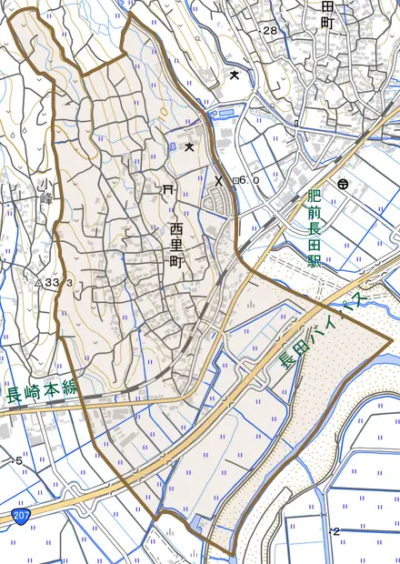 西里町とその周辺の地図。町の範囲を重ねている