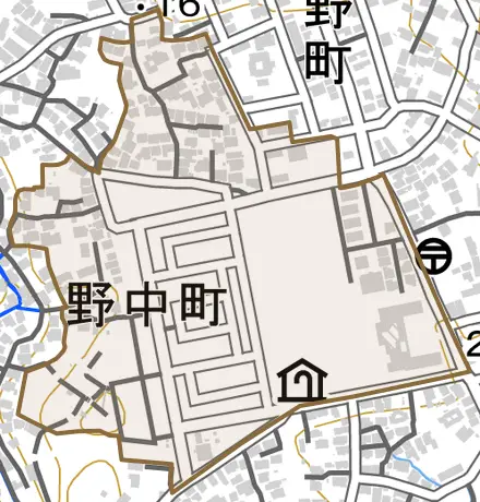 野中町とその周辺の地図。町の範囲を重ねている