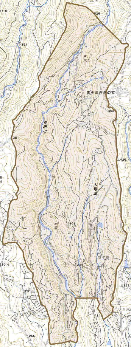 大場町とその周辺の地図。町の範囲を重ねている