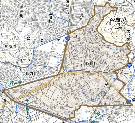 小船越町とその周辺の地図。町の範囲を重ねている