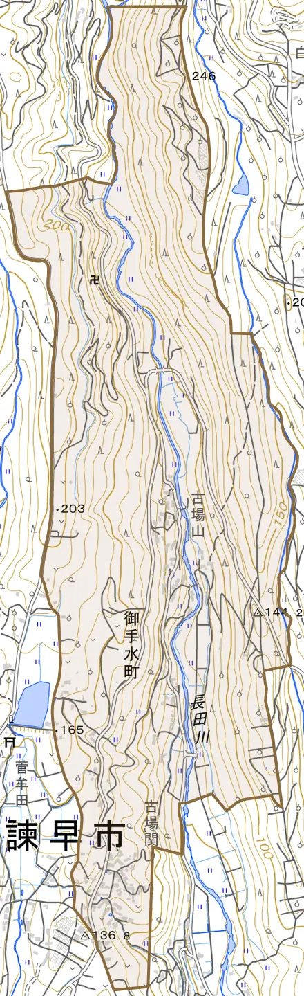 御手水町とその周辺の地図。町の範囲を重ねている