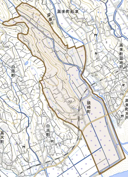 猿崎町とその周辺の地図。町の範囲を重ねている