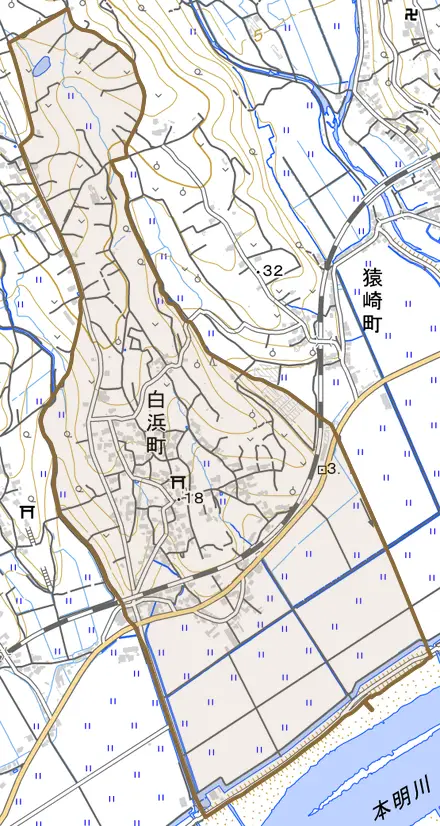 白浜町とその周辺の地図。町の範囲を重ねている